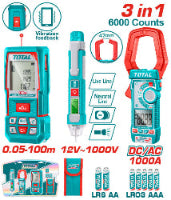 A 3-in-1 pocket multimeter set by TOTAL, featuring a teal and red digital clamp meter, a matching pen-style probe, and accessories including batteries, a carrying case, and feature callouts like vibration feedback and 47mm probe tip, shown on a white background with promotional text.