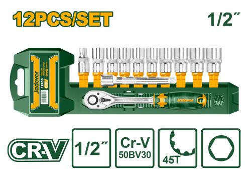 [JDST2212] 12 Pcs 1/2" CR - V socket set طقم طربوش مع مسكة طقطاق - J.H For Tools and Hardware