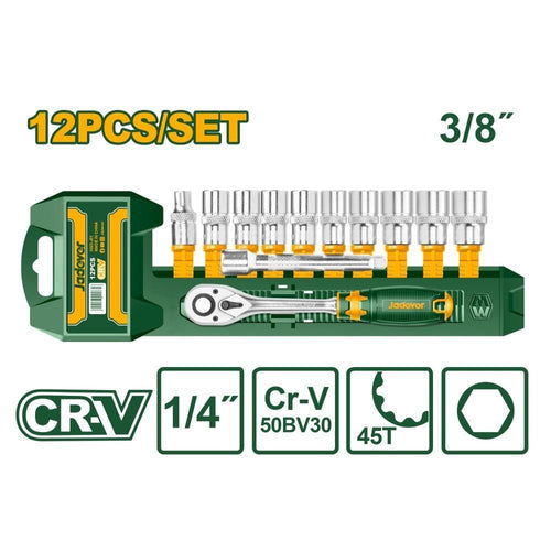 [JDST3212] 12 Pcs 3/8" socket set, 12PCS Cr - V 3/8" طقم طربوش مع مسكة طقطاق - J.H For Tools and Hardware