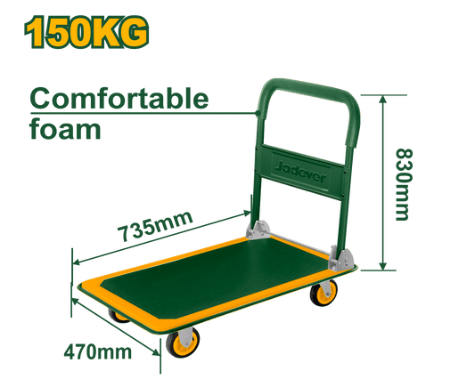 [JDWB1315] Foldable Platform Hand Truck – 150kg Capacity, Steel Frame, 100mm Wheels عرباية جر 4 دواليب - J.H For Tools and Hardware